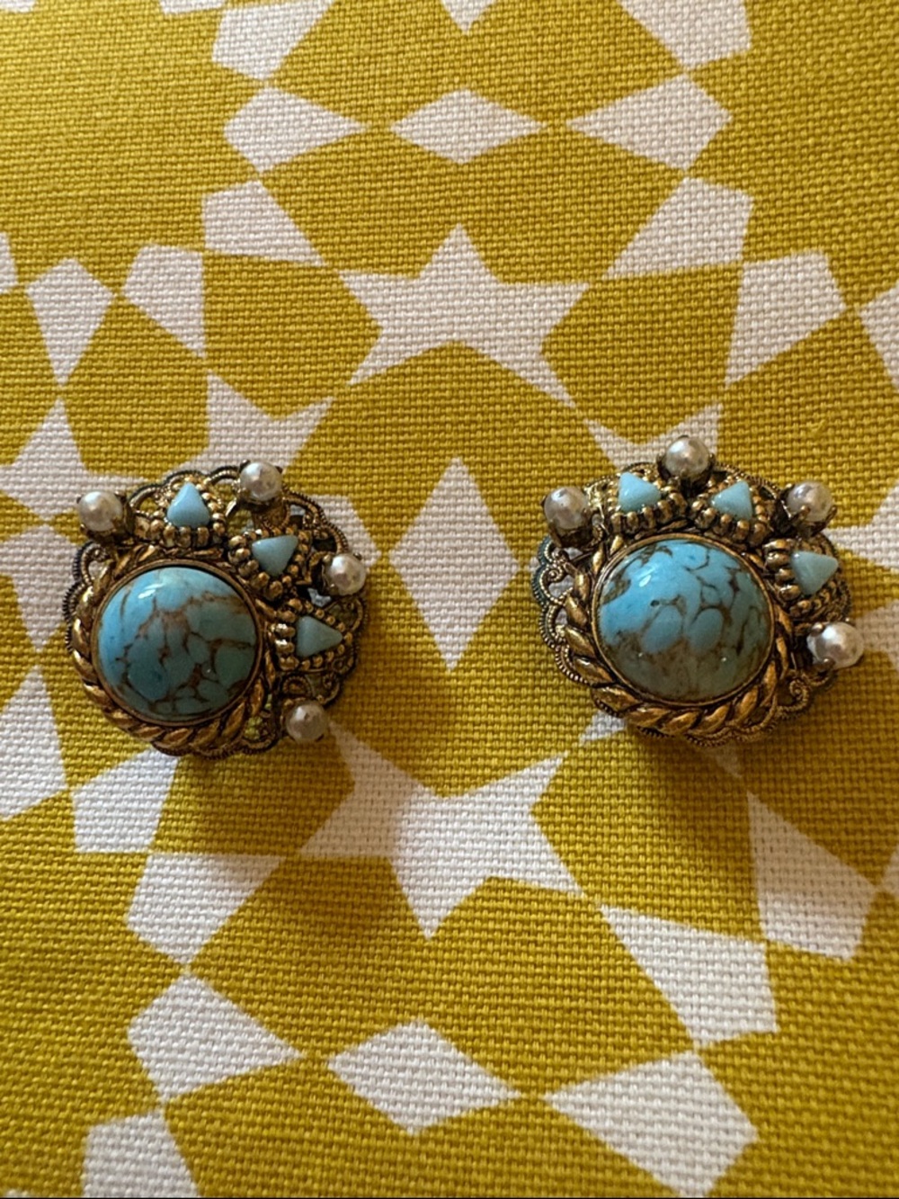 W. Germany stamped Vintage-Style Turquoise & Gold Statement Clip Earrings